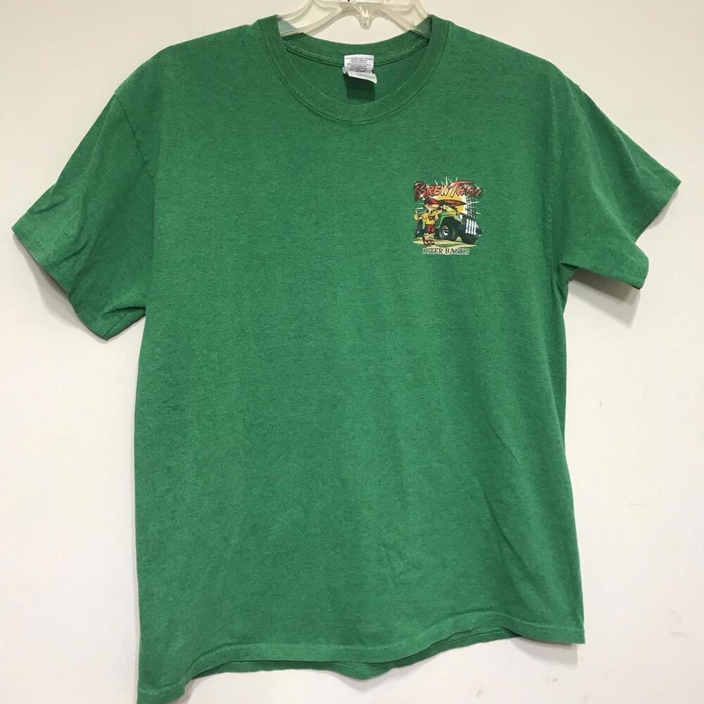Brew Thru T Shirt Outer Banks Size Large Green printed Short Sleeve